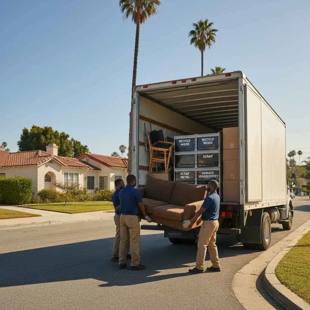 Pro team loading old furniture into a truck with labeled recycling sections.