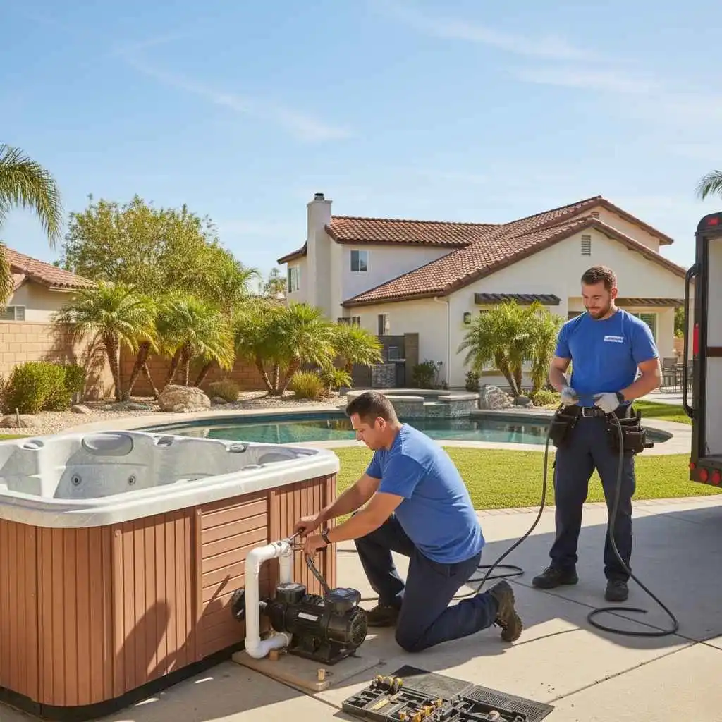 technicians safely disconnecting a hot tub