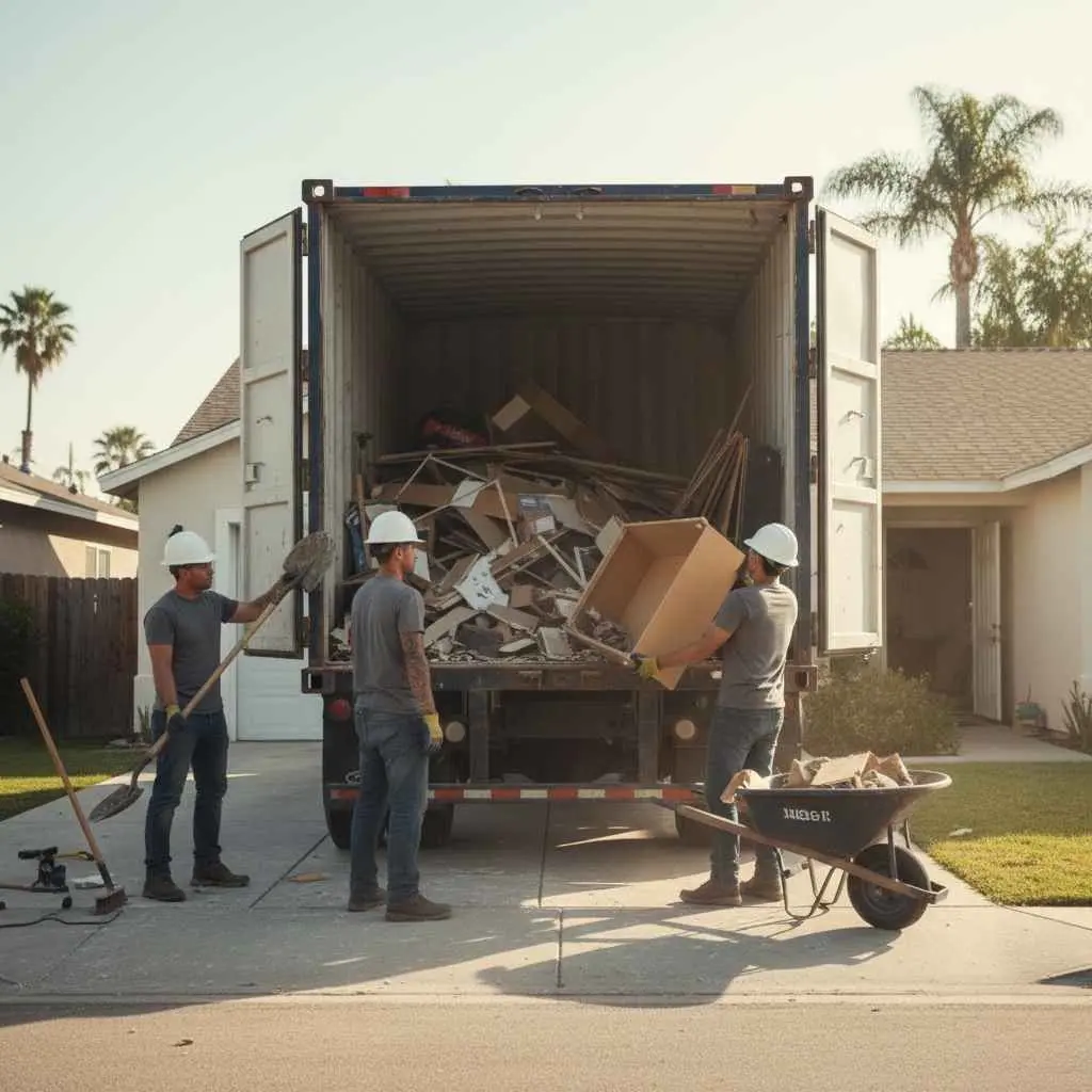 Demolition debris loaded into a hauling truck