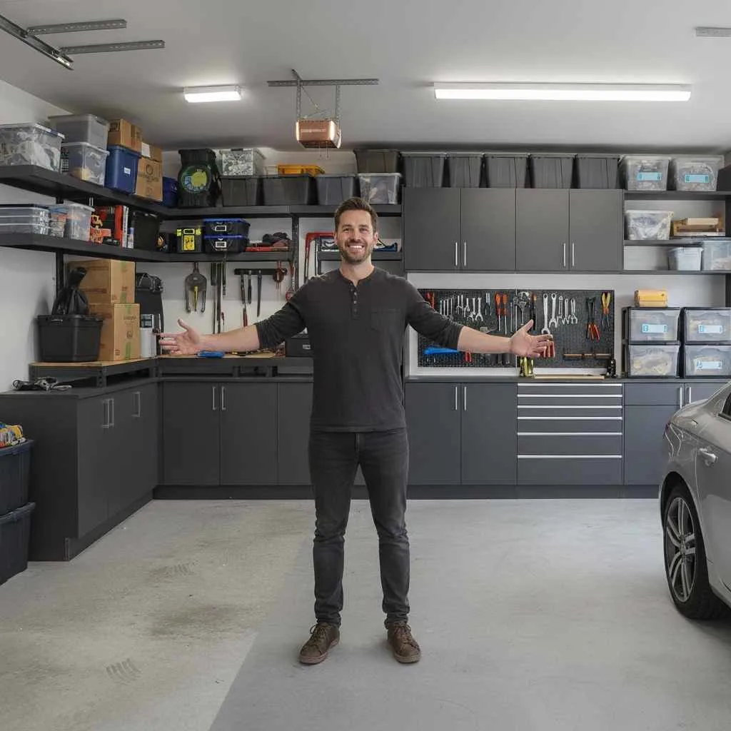 happy homeowner standing in cleared space.