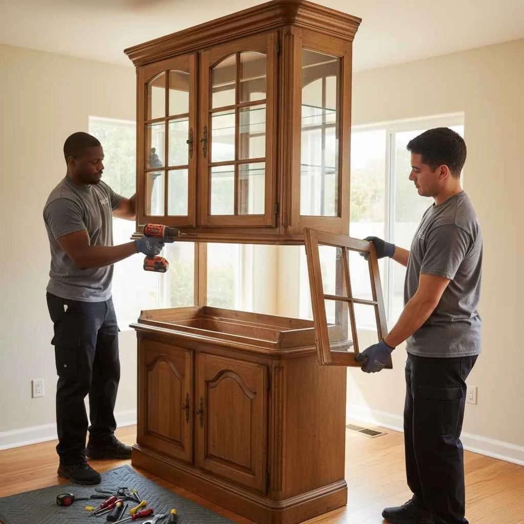 Crew disassembling a large furniture item for removal