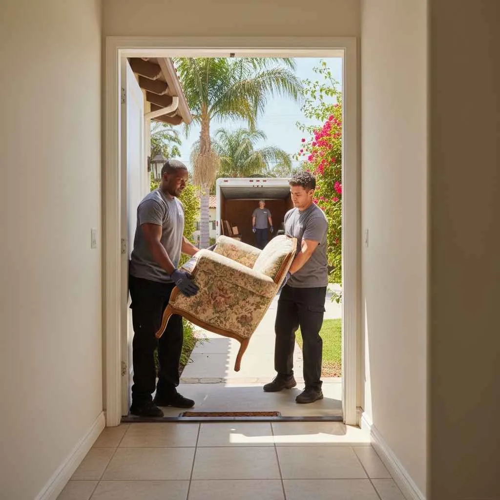 Technicians safely moving a large sofa through a home doorway