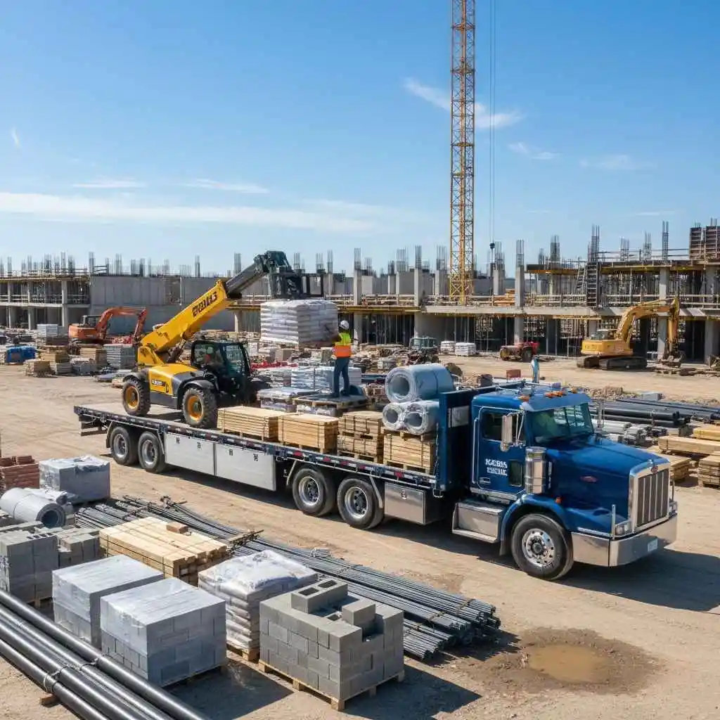 flatbed or box truck being loaded with construction materials