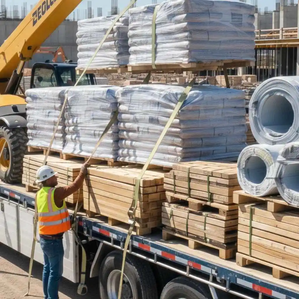 workers securing drywall or lumber on a delivery truck