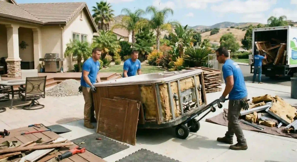 Backyard renovation project where an old hot tub is being removed.