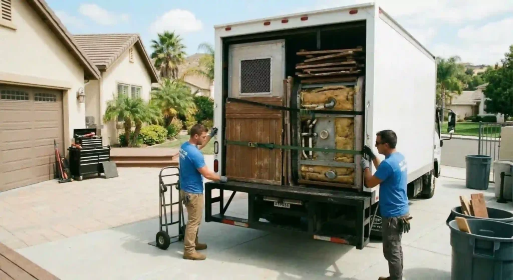 Truck loaded with dismantled hot tub sections ready for hauling.