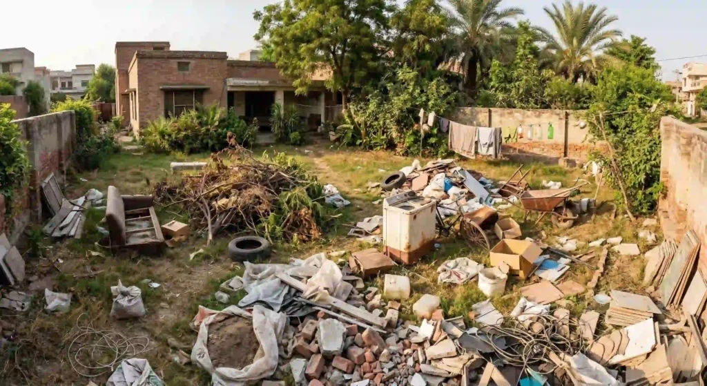 backyard with debris before junk removal.
