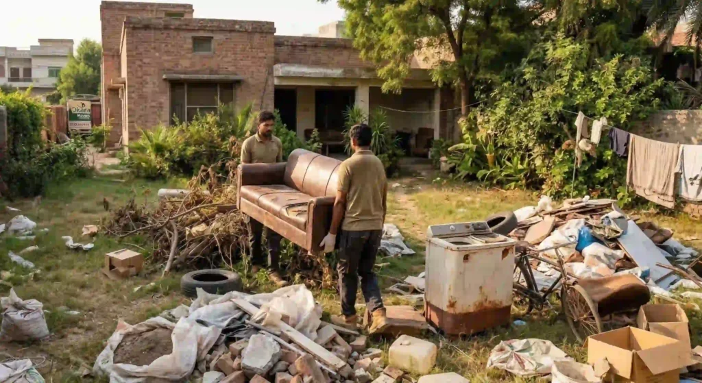 two workers carrying a sofa out of a house.