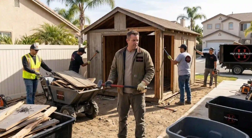 crew performing backyard shed demolition in Murrieta